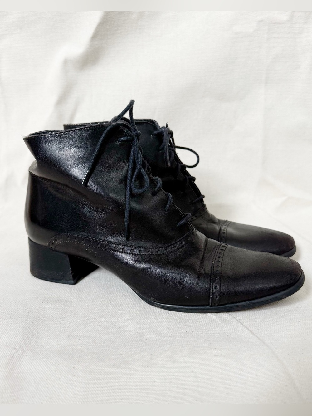 Sudini Vintage Italian Black Lace-Up Leather Heeled Ankle Boots Womens 7.5